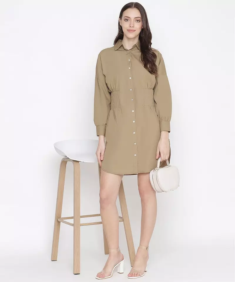 Umber Solid khaki button - down women dress