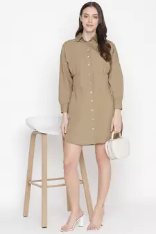 Umber Solid khaki button - down women dress