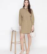 Umber Solid khaki button - down women dress