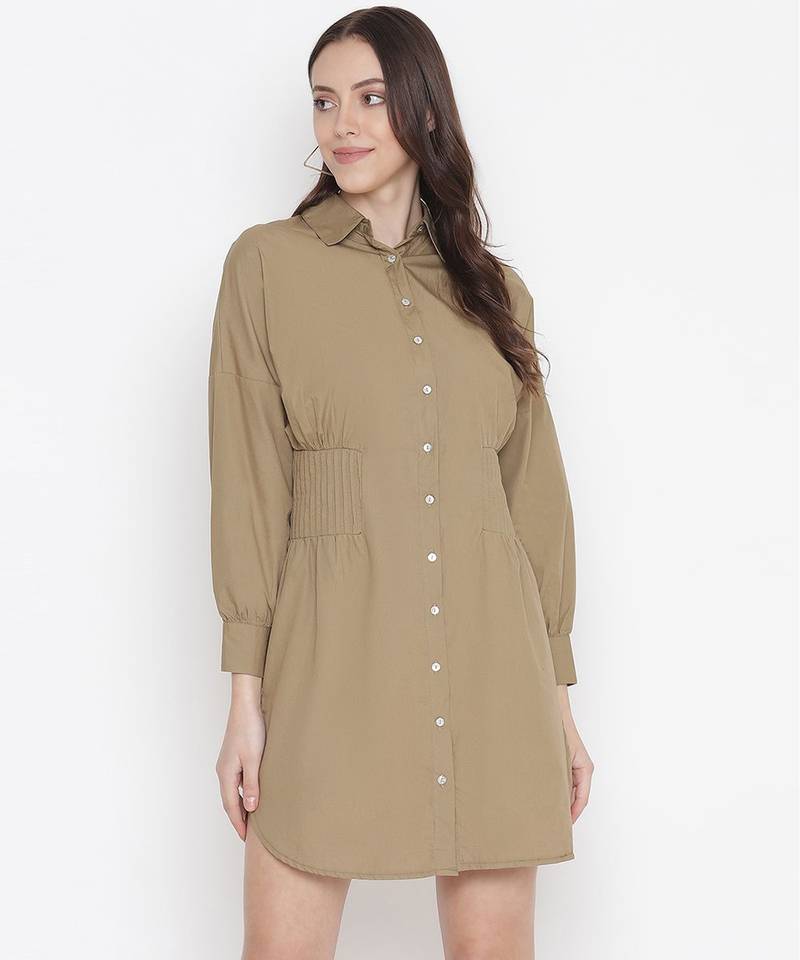 Umber Solid khaki button - down women dress