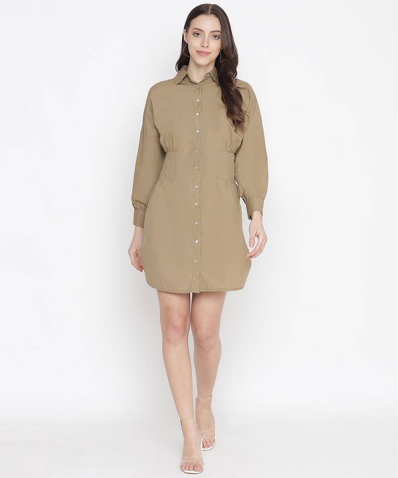 Umber Solid khaki button - down women dress
