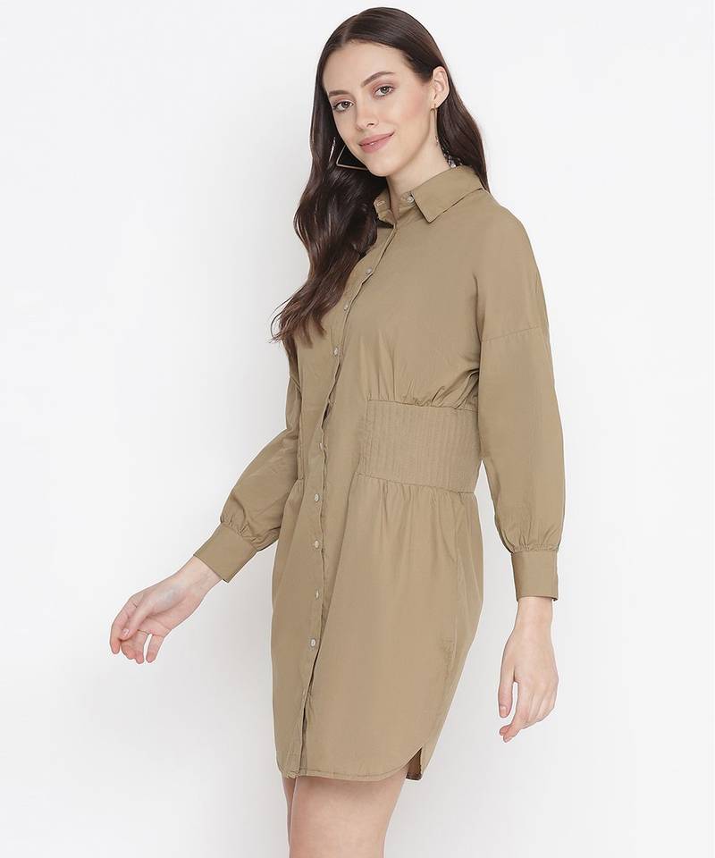 Umber Solid khaki button - down women dress
