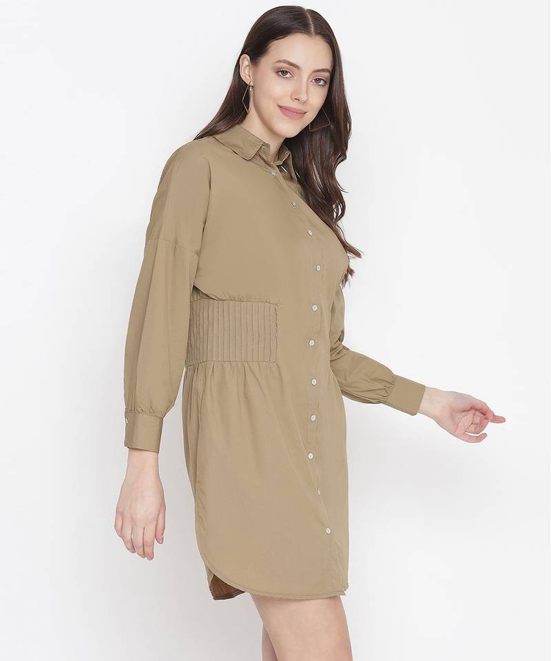 Umber Solid khaki button - down women dress