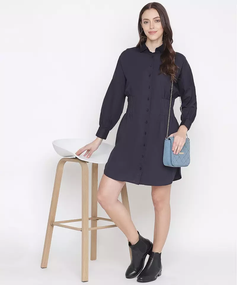 Stupefying solid navy blue button - down women dress