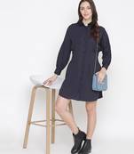 Stupefying solid navy blue button - down women dress