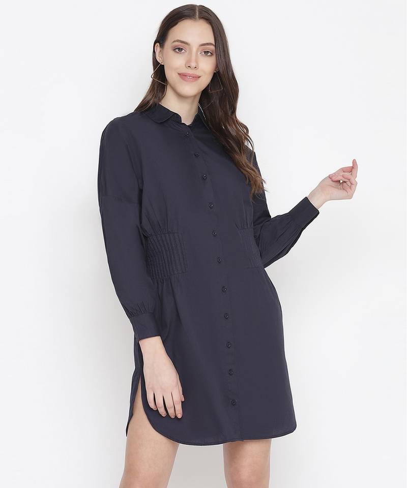 Stupefying solid navy blue button - down women dress