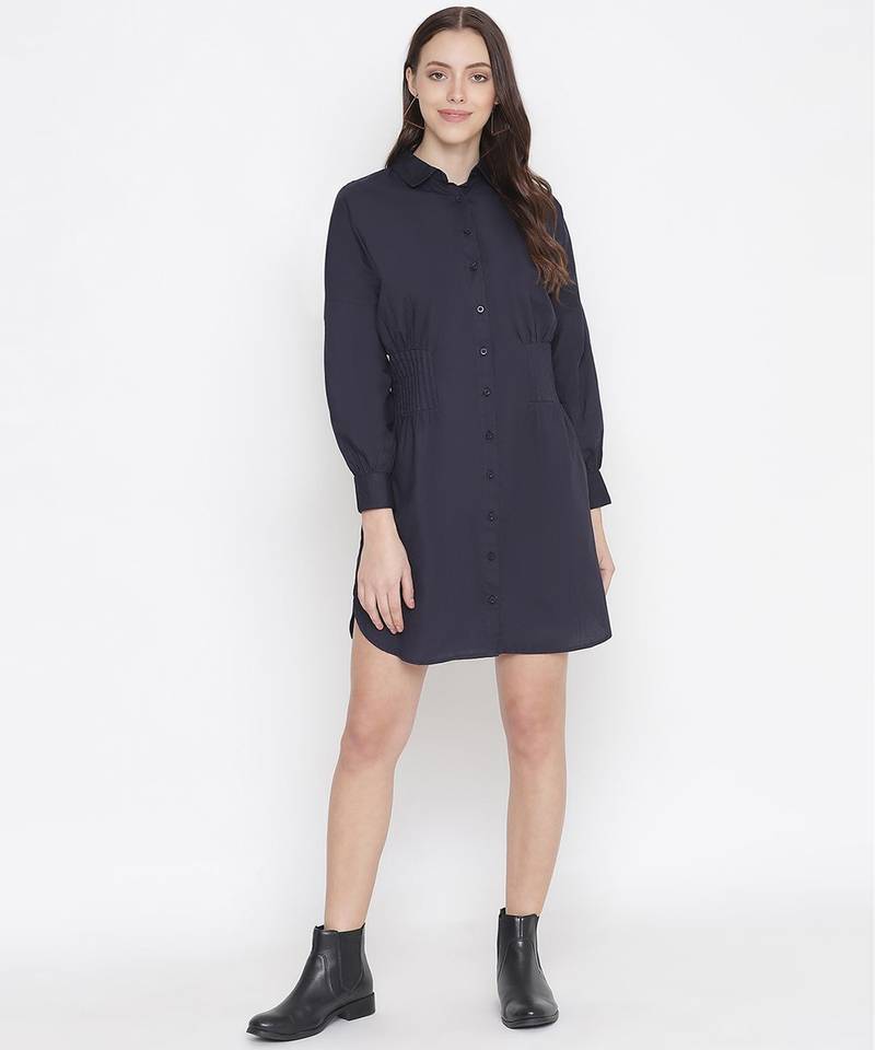 Stupefying solid navy blue button - down women dress