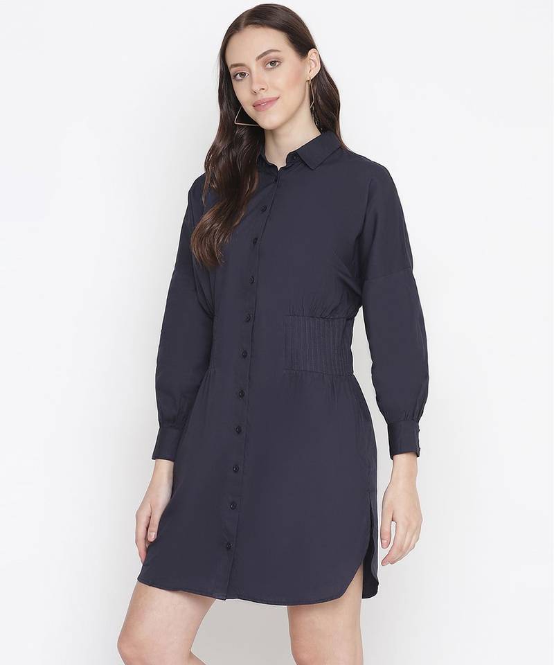 Stupefying solid navy blue button - down women dress