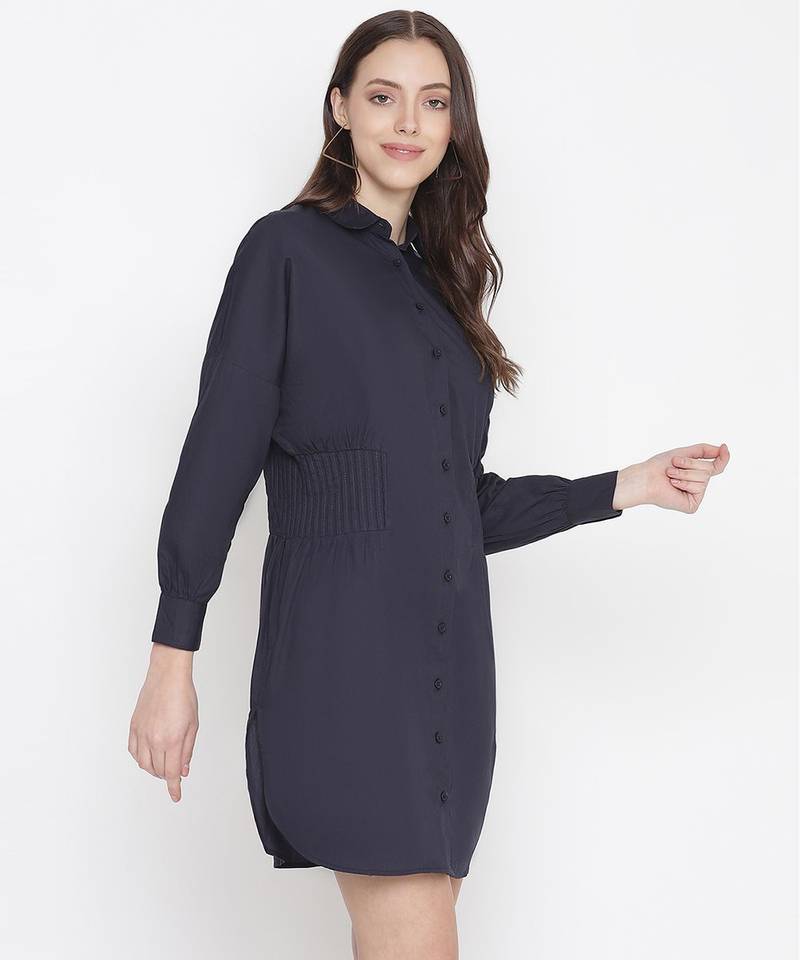 Stupefying solid navy blue button - down women dress