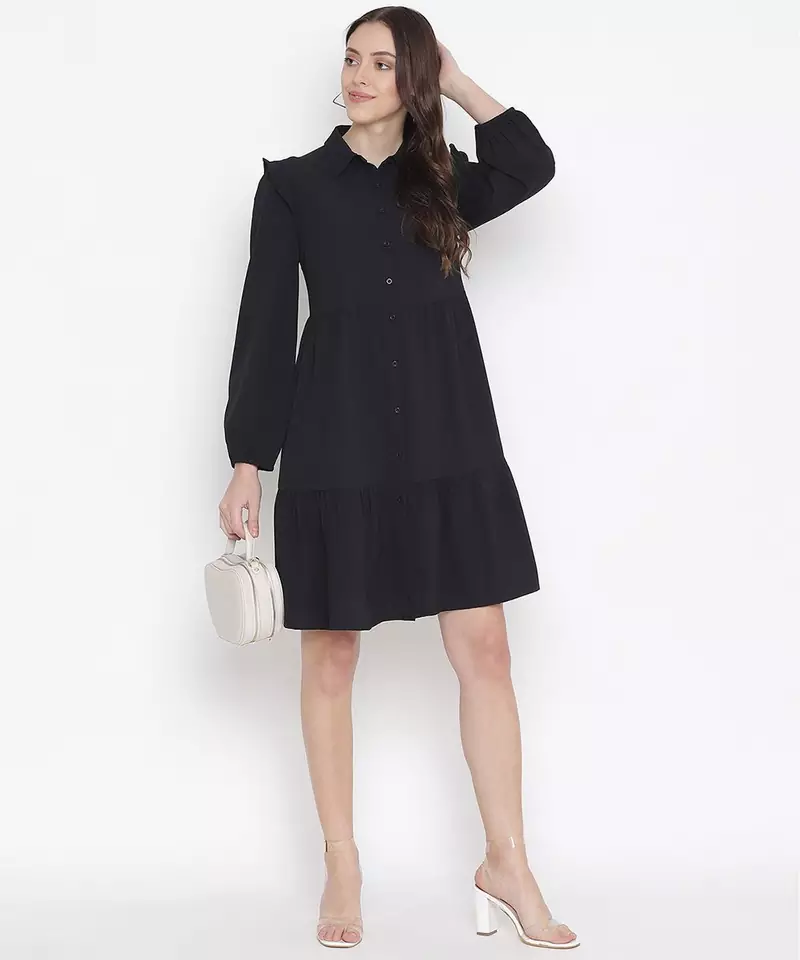 Valiant solid black chic button-down women shirt dress