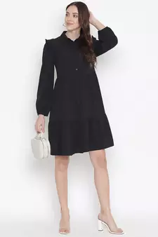 Valiant solid black chic button-down women shirt dress