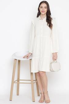 Delicate solid beige chic button-down women shirt dress