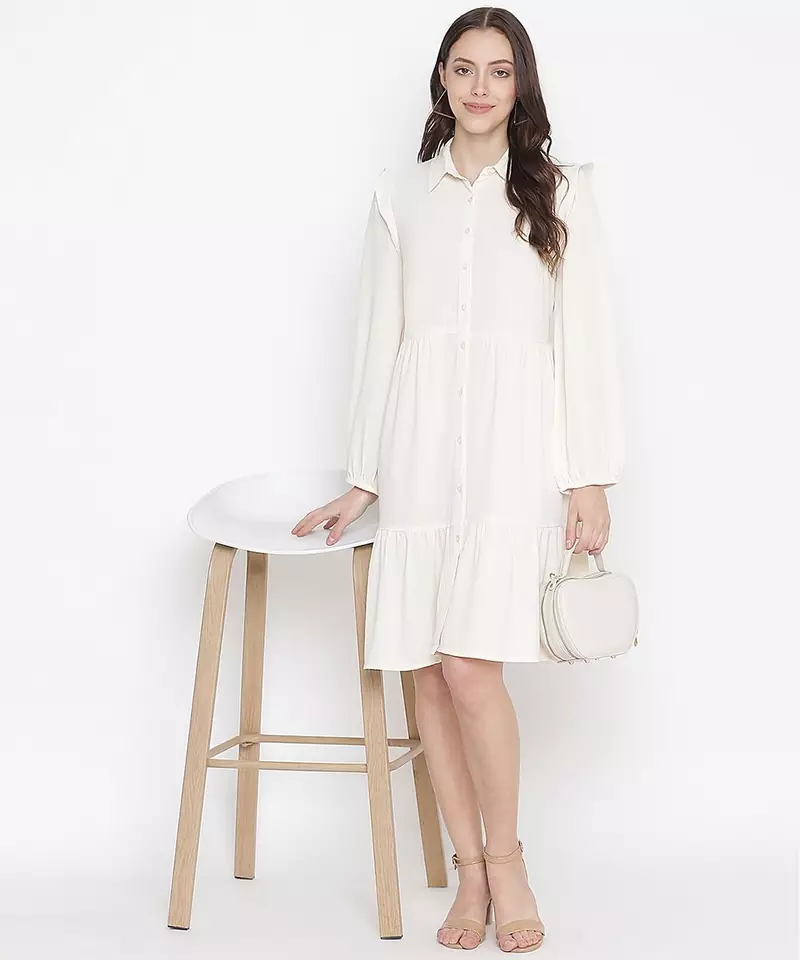 Delicate solid beige chic button-down women shirt dress