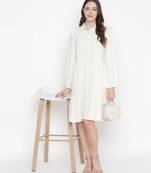 Delicate solid beige chic button-down women shirt dress