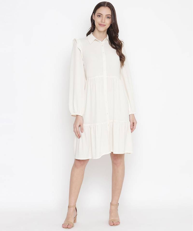 Delicate solid beige chic button-down women shirt dress
