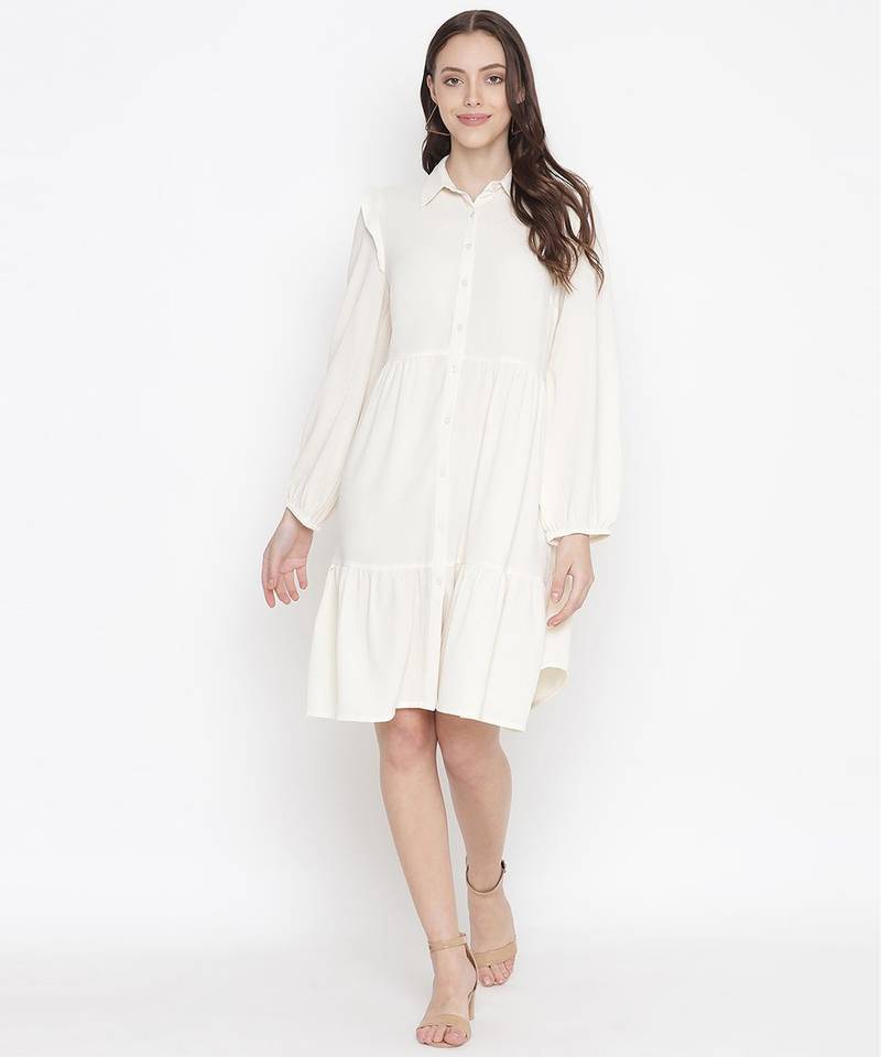 Delicate solid beige chic button-down women shirt dress