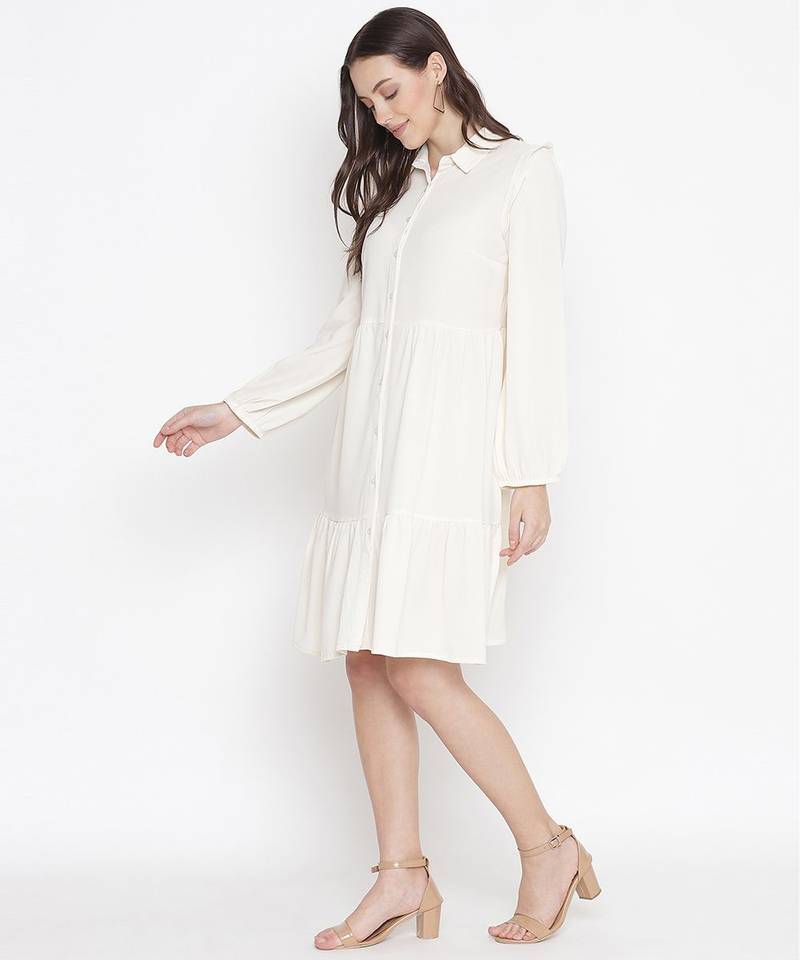 Delicate solid beige chic button-down women shirt dress