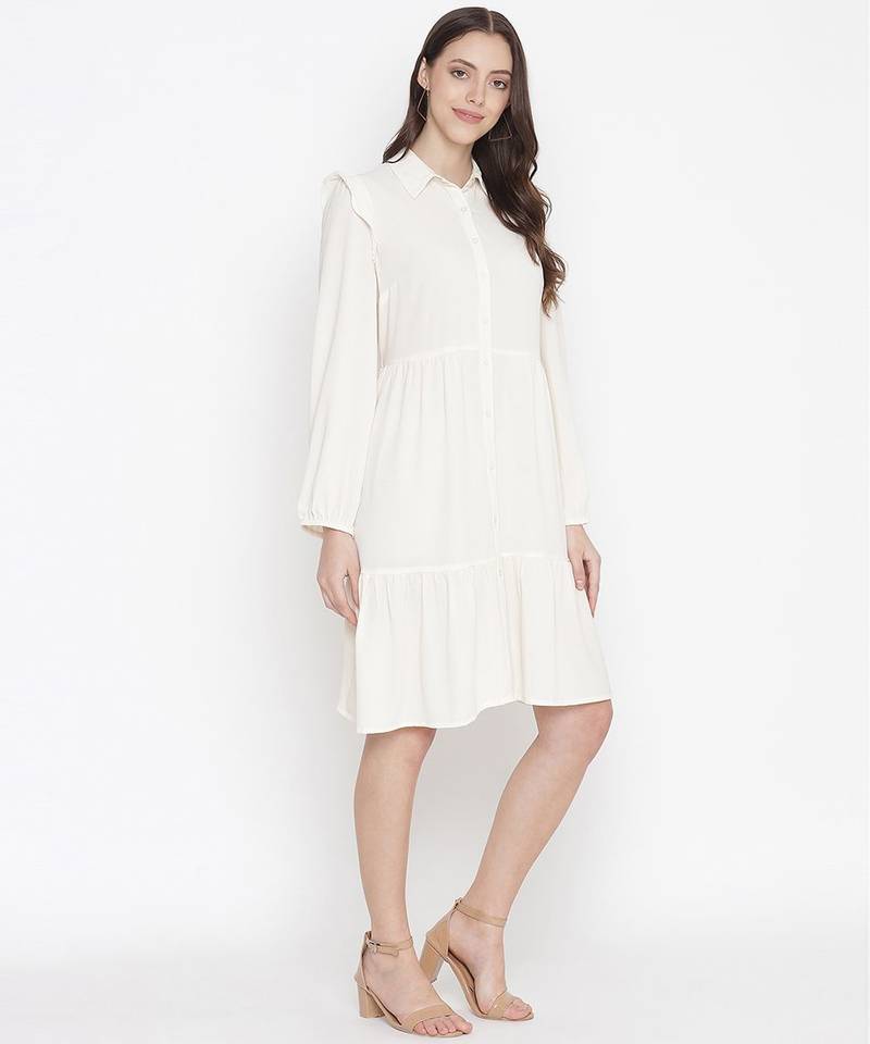 Delicate solid beige chic button-down women shirt dress