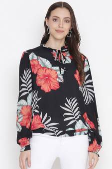 Blossoming black floral print tieknot women top