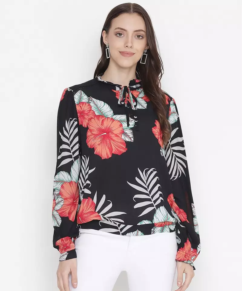 Blossoming black floral print tieknot women top