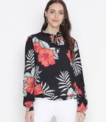 Blossoming black floral print tieknot women top