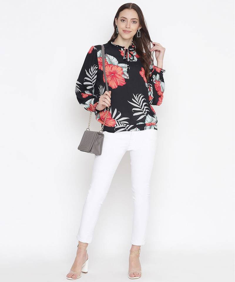 Blossoming black floral print tieknot women top