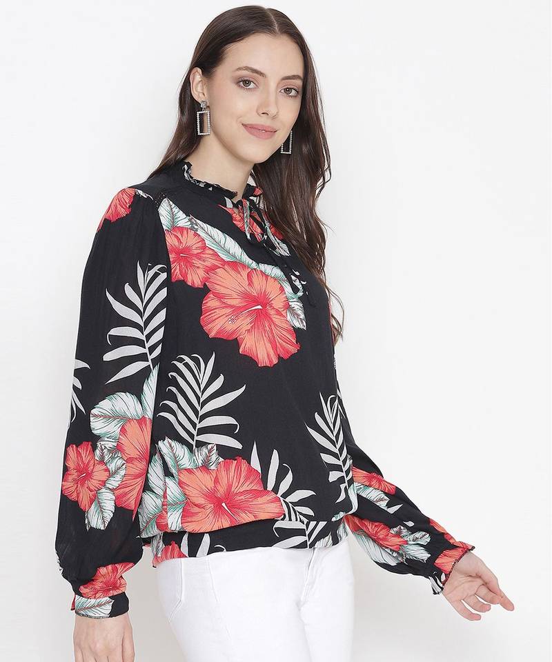 Blossoming black floral print tieknot women top