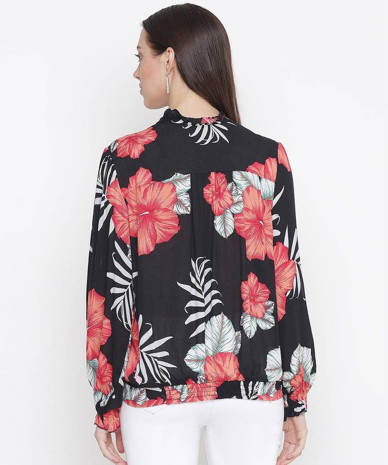 Blossoming black floral print tieknot women top