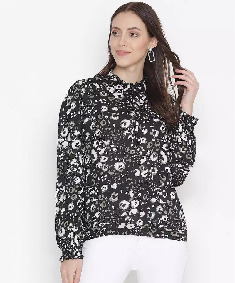 Lazzle blacl floral print tie-knot women top