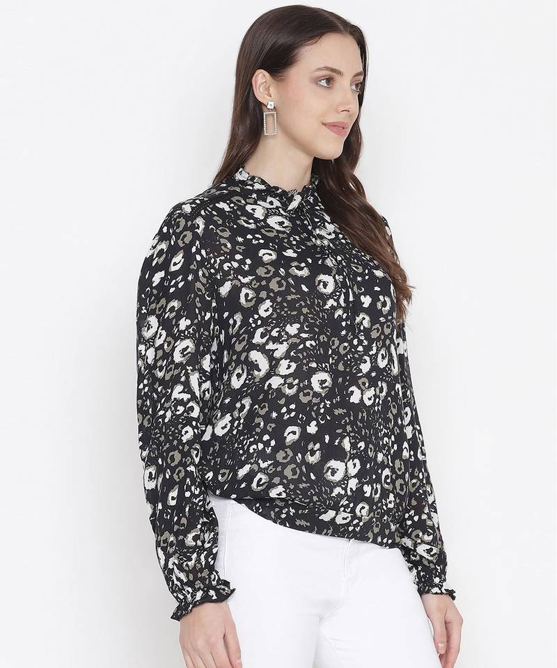 Lazzle blacl floral print tie-knot women top