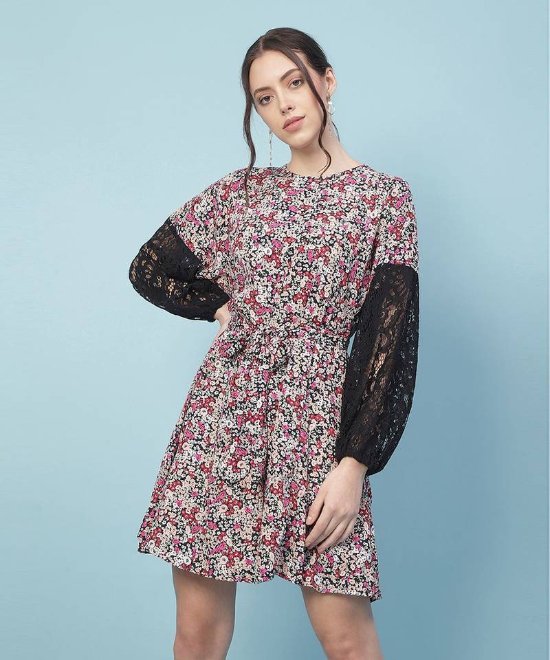Gropper floral print sleeves lace fabric women dress