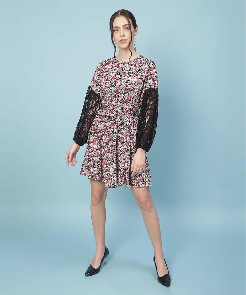 Gropper floral print sleeves lace fabric women dress