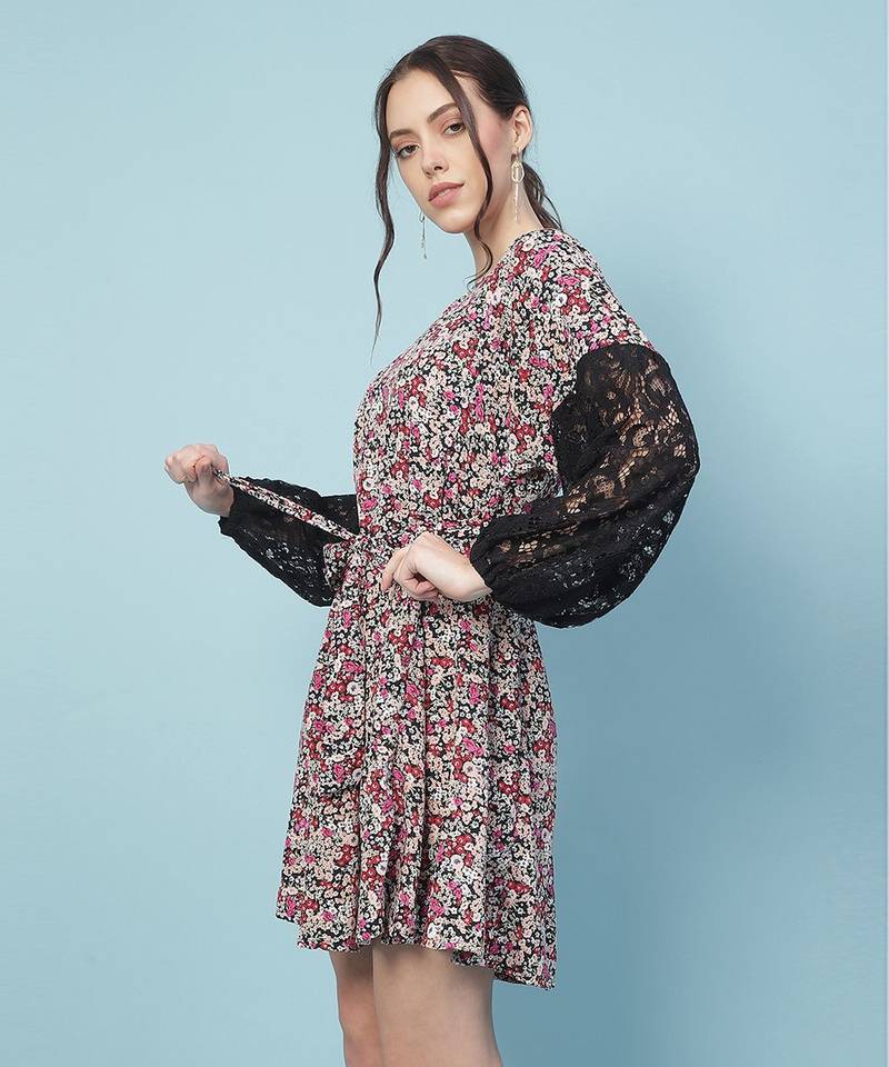 Gropper floral print sleeves lace fabric women dress
