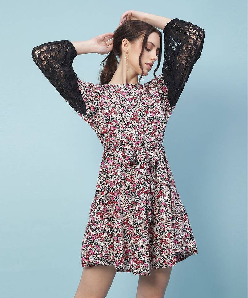 Gropper floral print sleeves lace fabric women dress