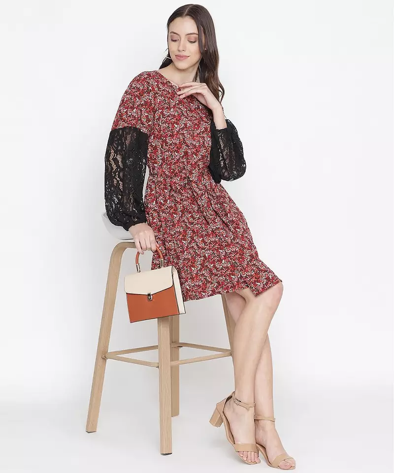 Rolex red floral print sleeve lace fabric women dress