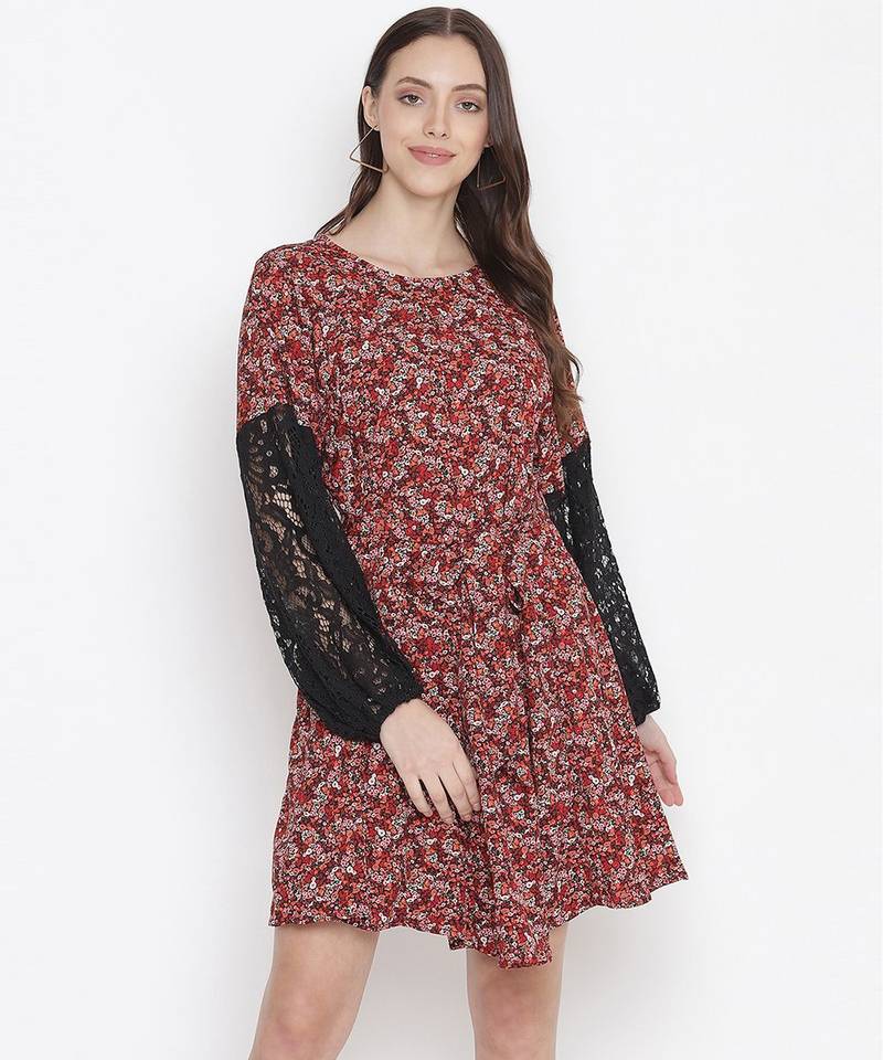 Rolex red floral print sleeve lace fabric women dress