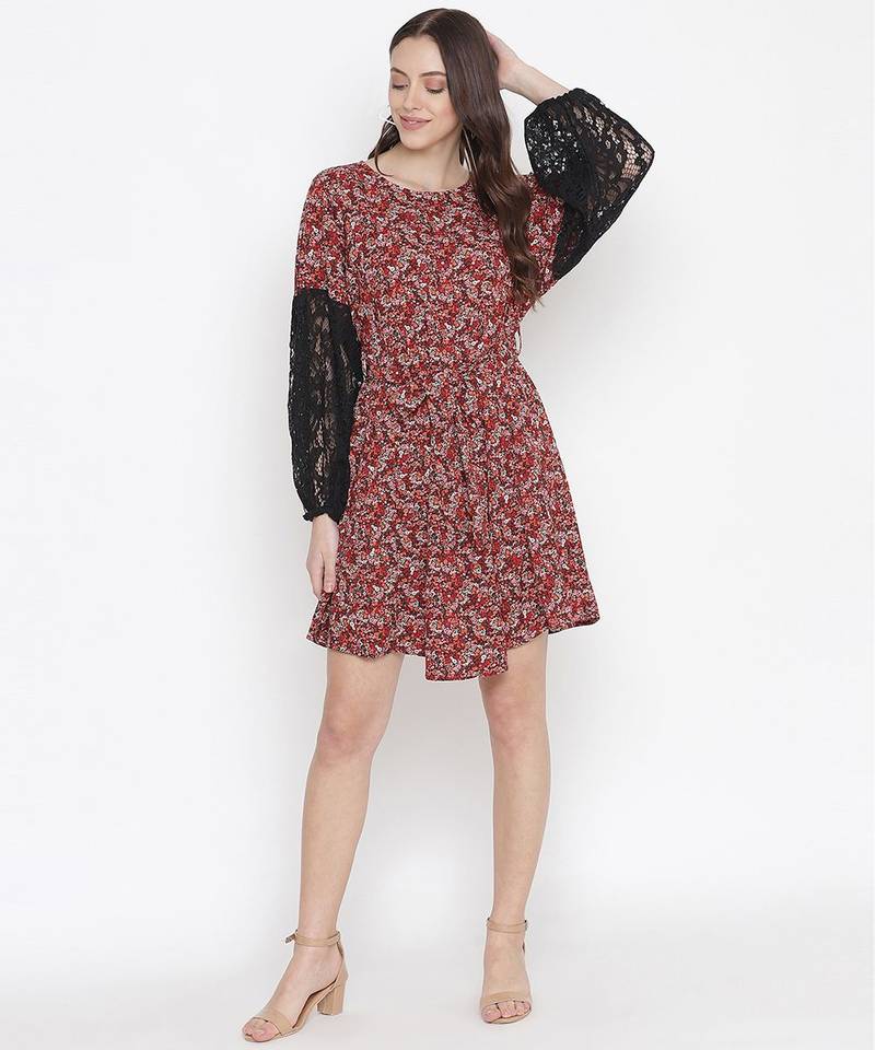 Rolex red floral print sleeve lace fabric women dress