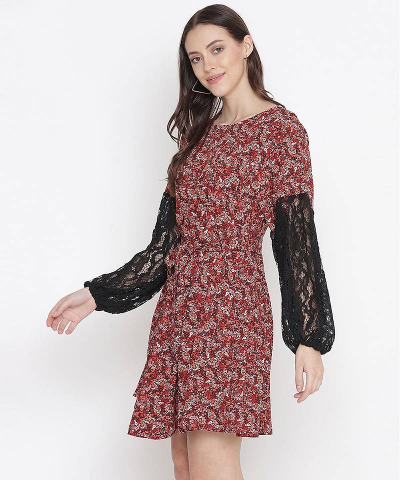 Rolex red floral print sleeve lace fabric women dress