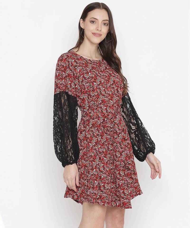 Rolex red floral print sleeve lace fabric women dress
