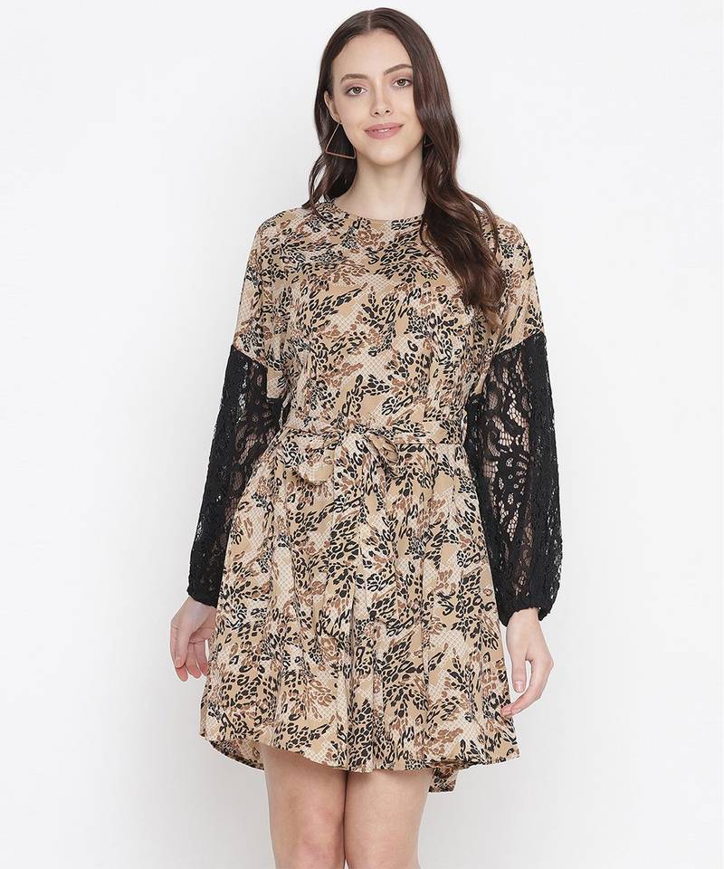 Brick brown floral printed sleeve lace fabric women dress