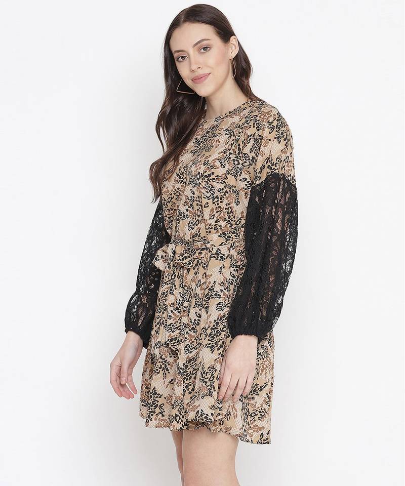 Brick brown floral printed sleeve lace fabric women dress