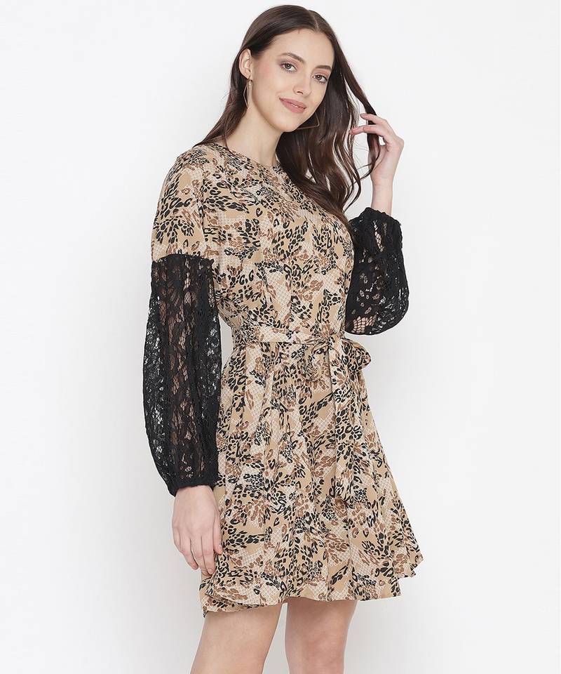 Brick brown floral printed sleeve lace fabric women dress
