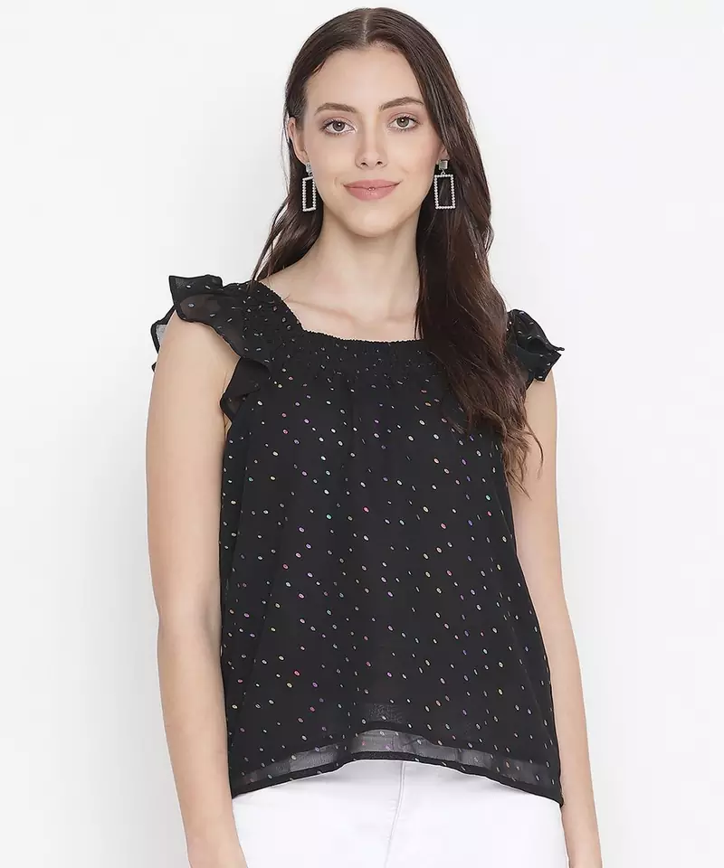 High rise black muticolor foil print women stylish top