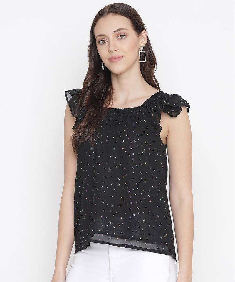 High rise black muticolor foil print women stylish top