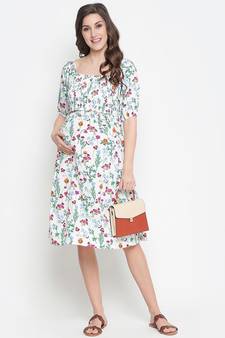 Polished white floral print ruffled maternity smokced dress