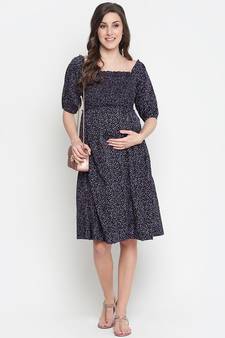 Coca black printed  ruffled maternity smocked dress