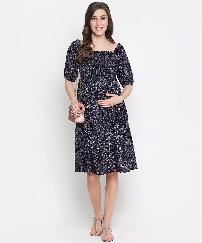 Coca black printed  ruffled maternity smocked dress