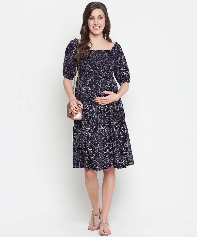 Coca black printed  ruffled maternity smocked dress
