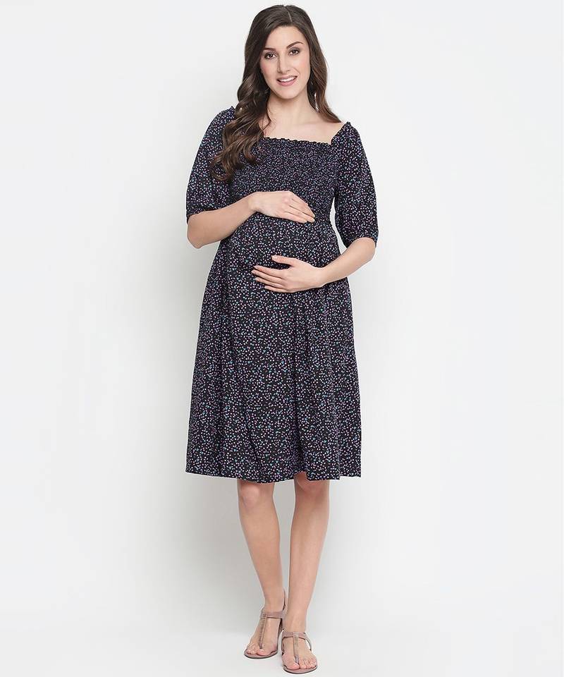 Coca black printed  ruffled maternity smocked dress