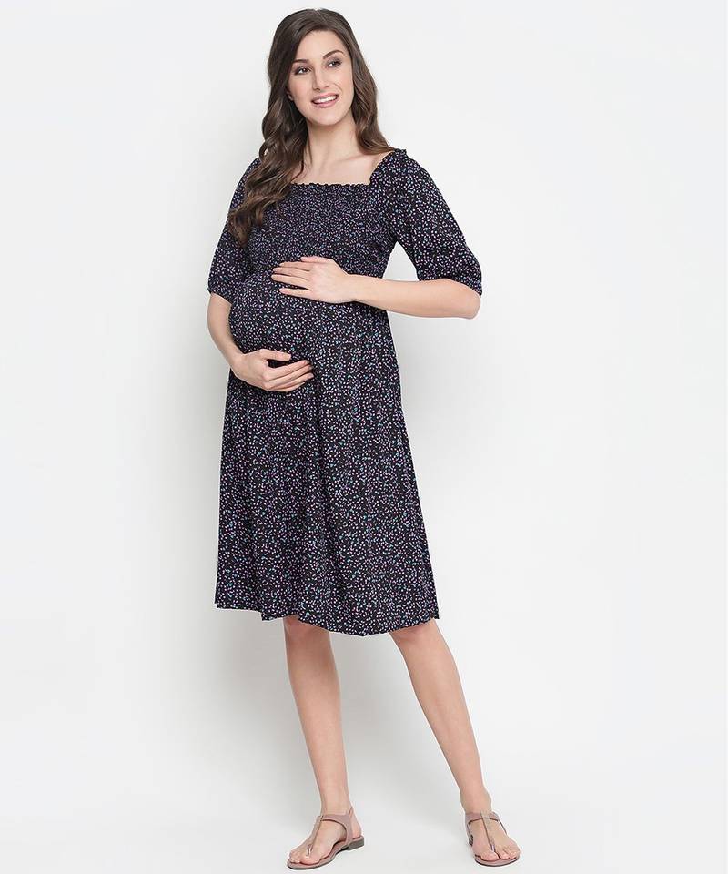Coca black printed  ruffled maternity smocked dress